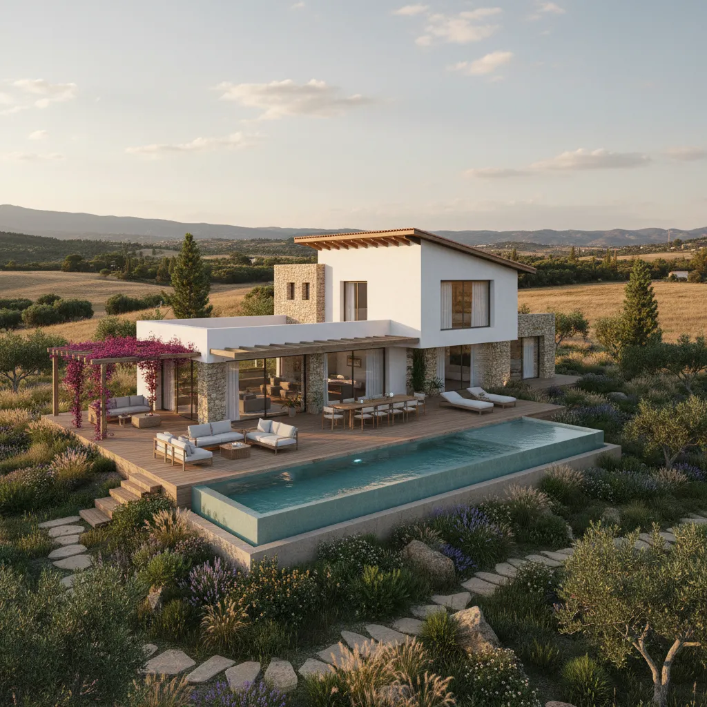 Visualización 3D de diseño de casa finca