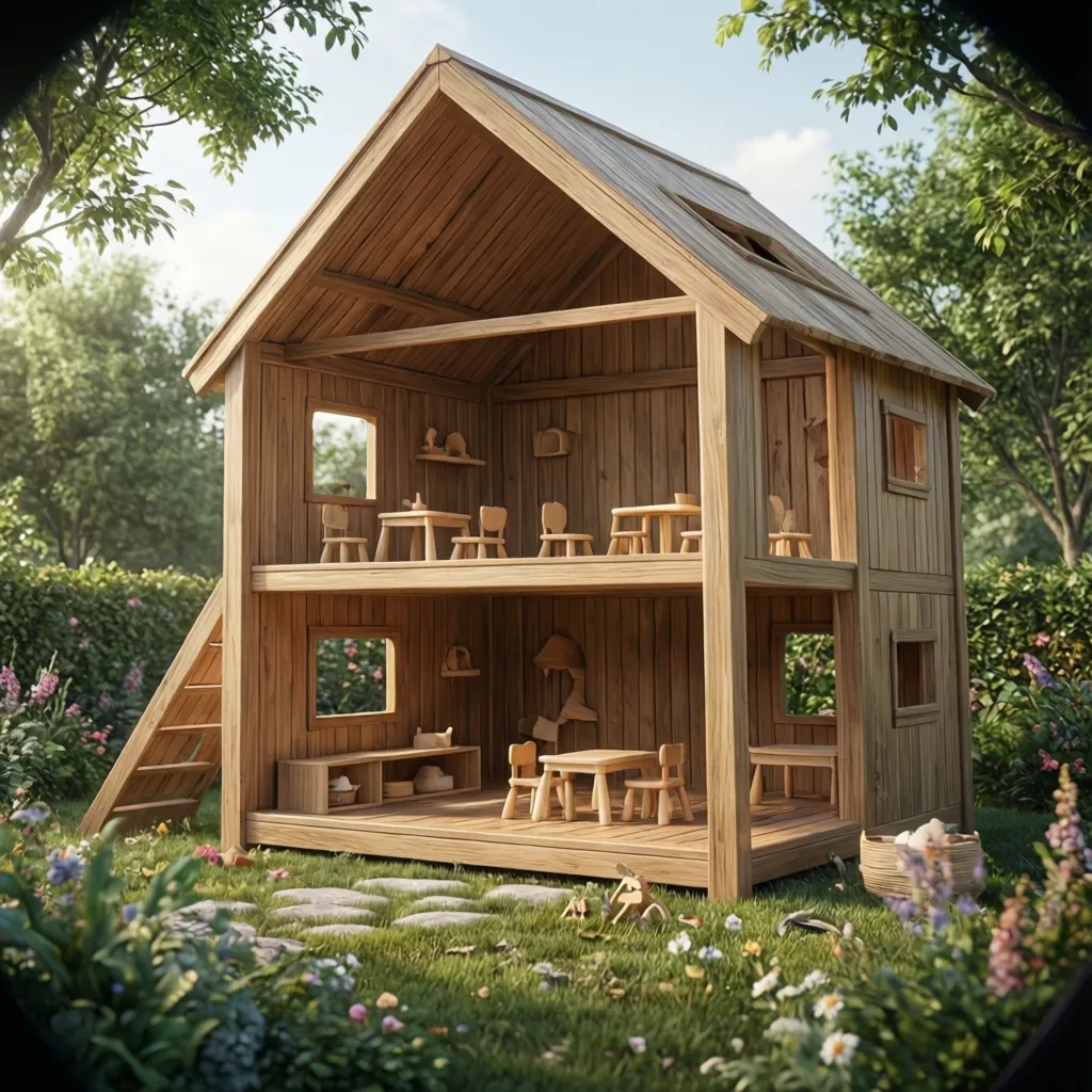 Visualización 3D de una casa de madera infantil