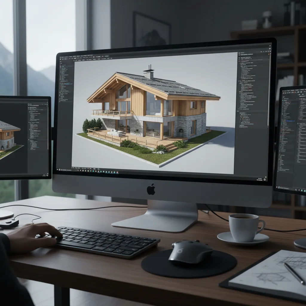 Modelo 3D de diseño de casa de montaña en software de arquitectura