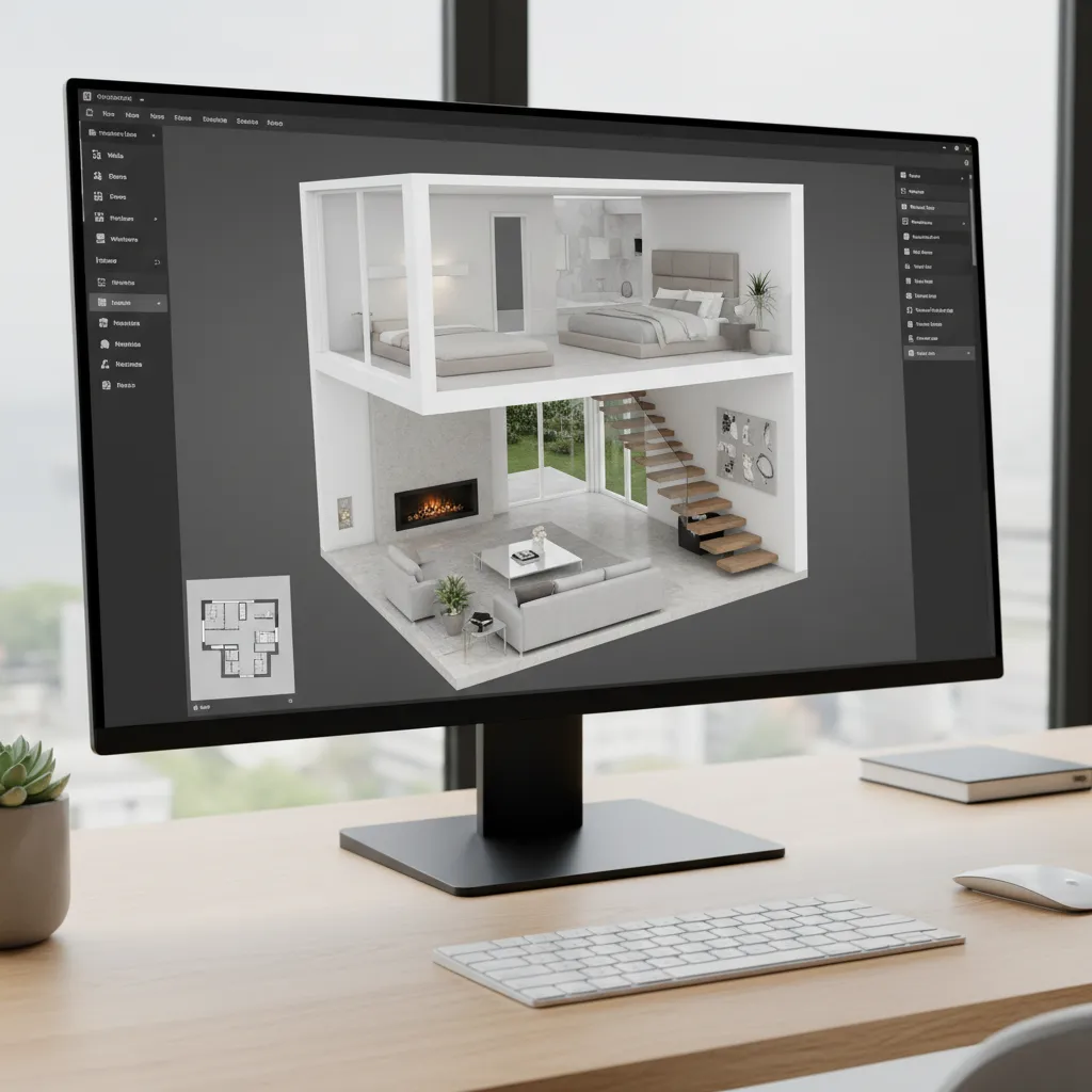 Visualización 3D de una casa pequeña de dos plantas durante la planificación
