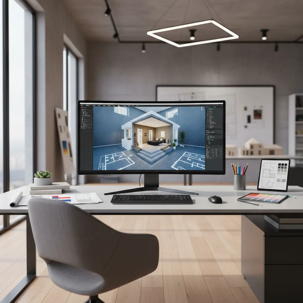 Computer monitor on office desk showing 3D room design with keyboard mouse and digital tablet