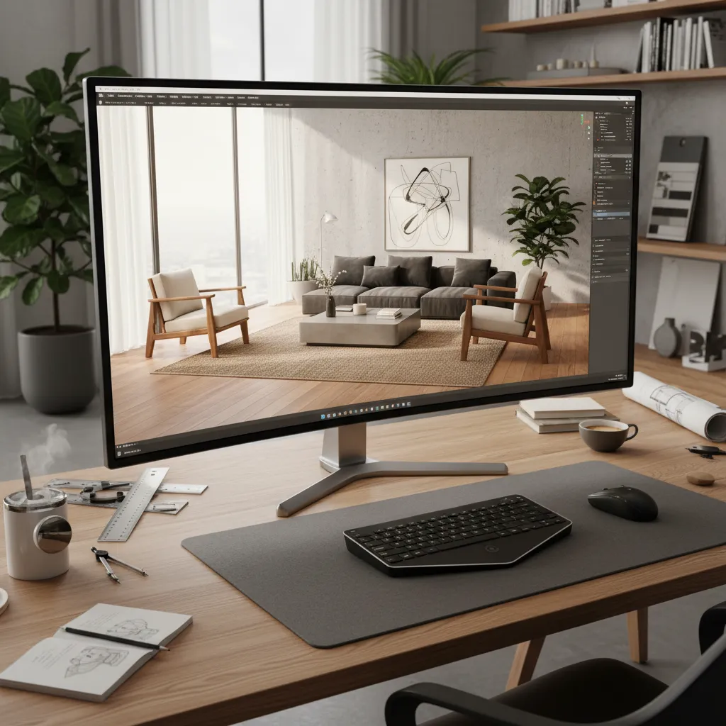 Computer monitor showing a modern living room interior design drawing with grey sofa and rug