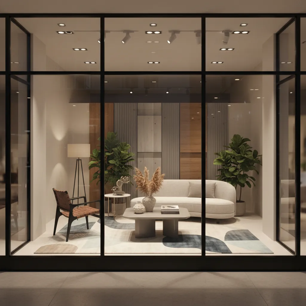 Modern living room showroom seen through glass window with sofa, coffee table, rug, and plants