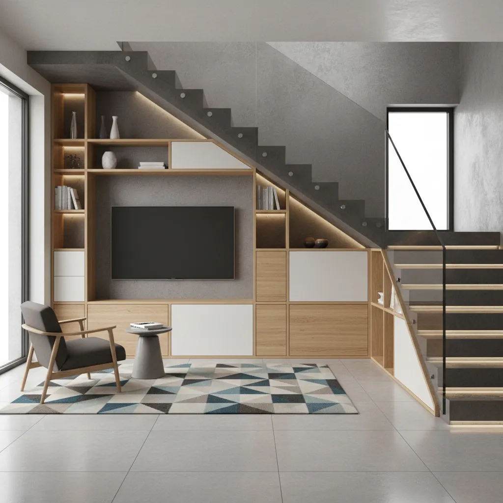 modern living room with wooden cabinet under stairs and a grey chair on a rug