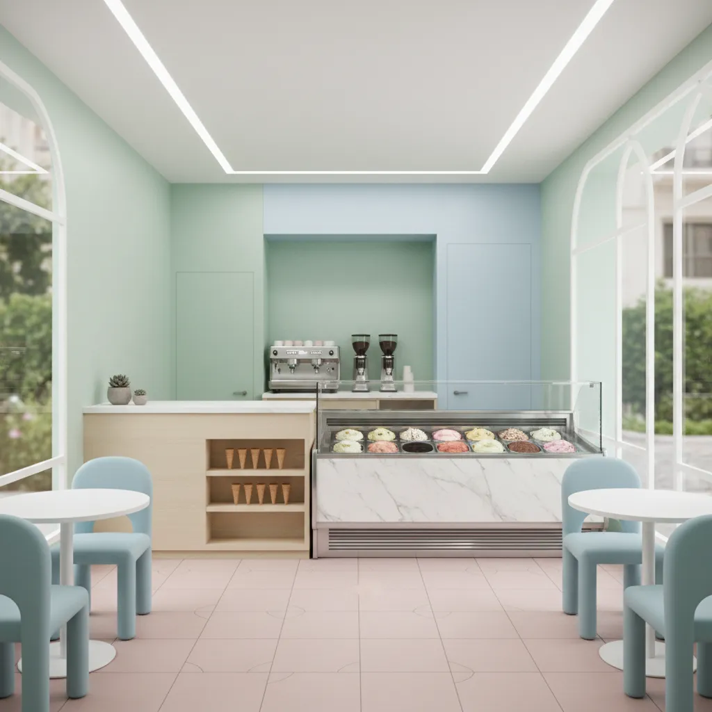 Visualización 3D del diseño interior de una heladería pequeña