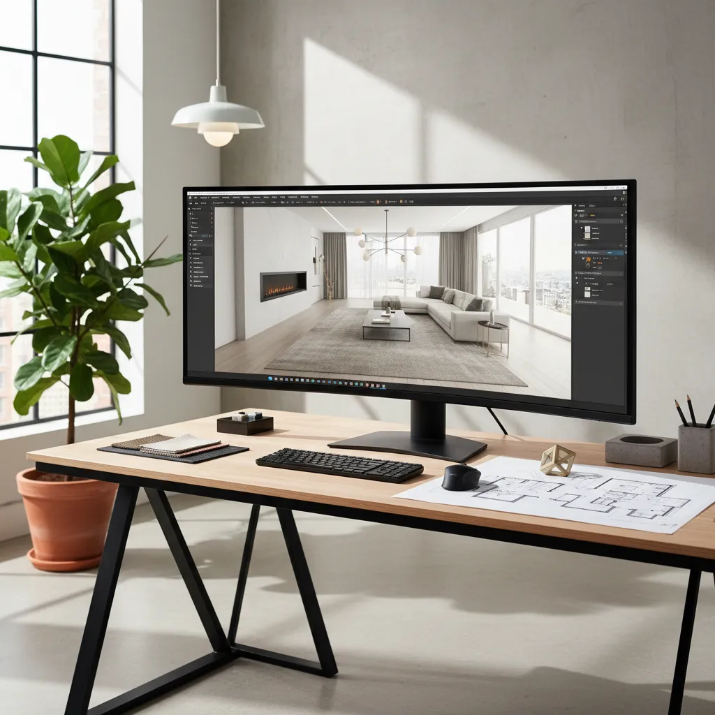 Computer screen showing interior design software with a modern living room on a wooden desk