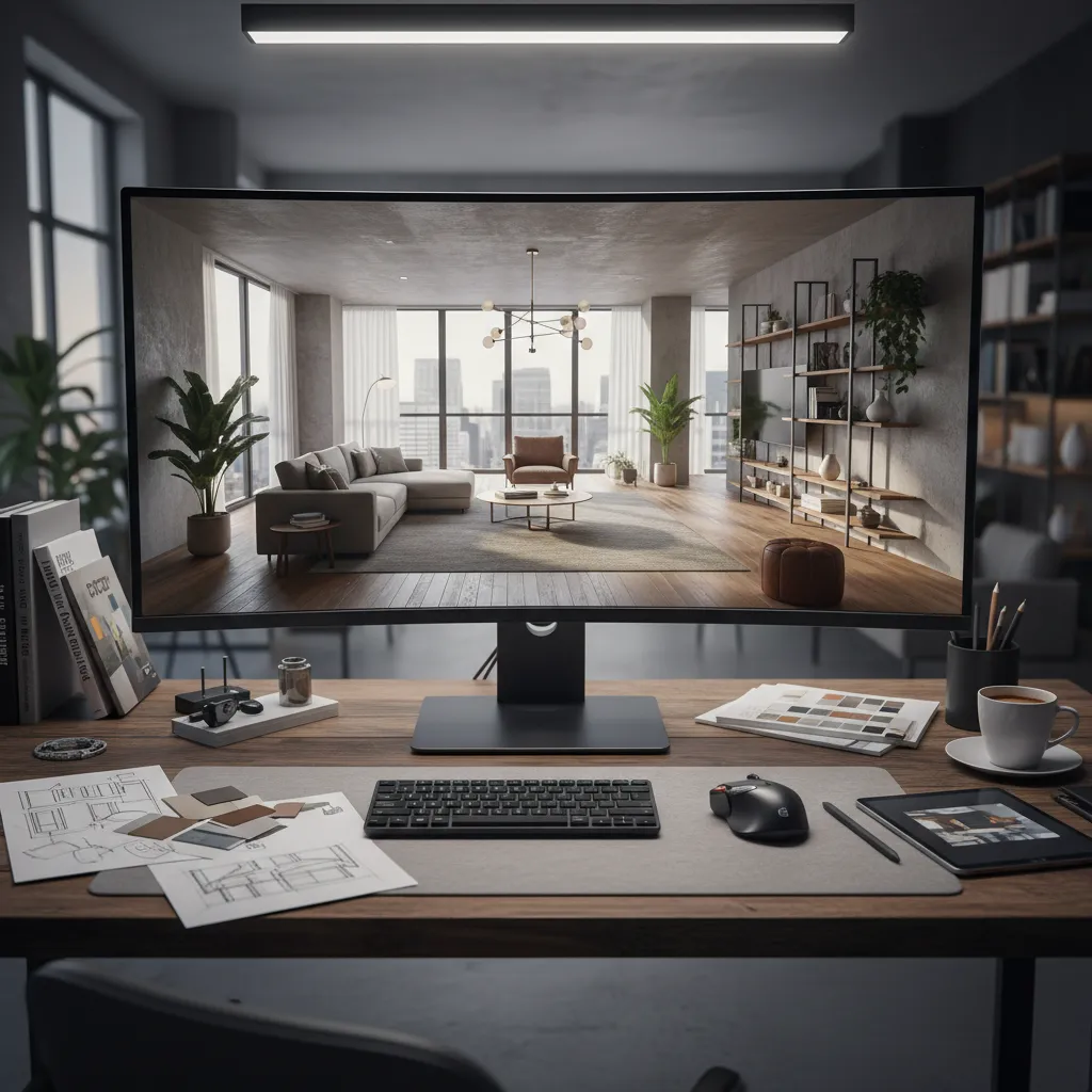 Pantalla de ordenador mostrando render 3D de un proyecto de interiorismo