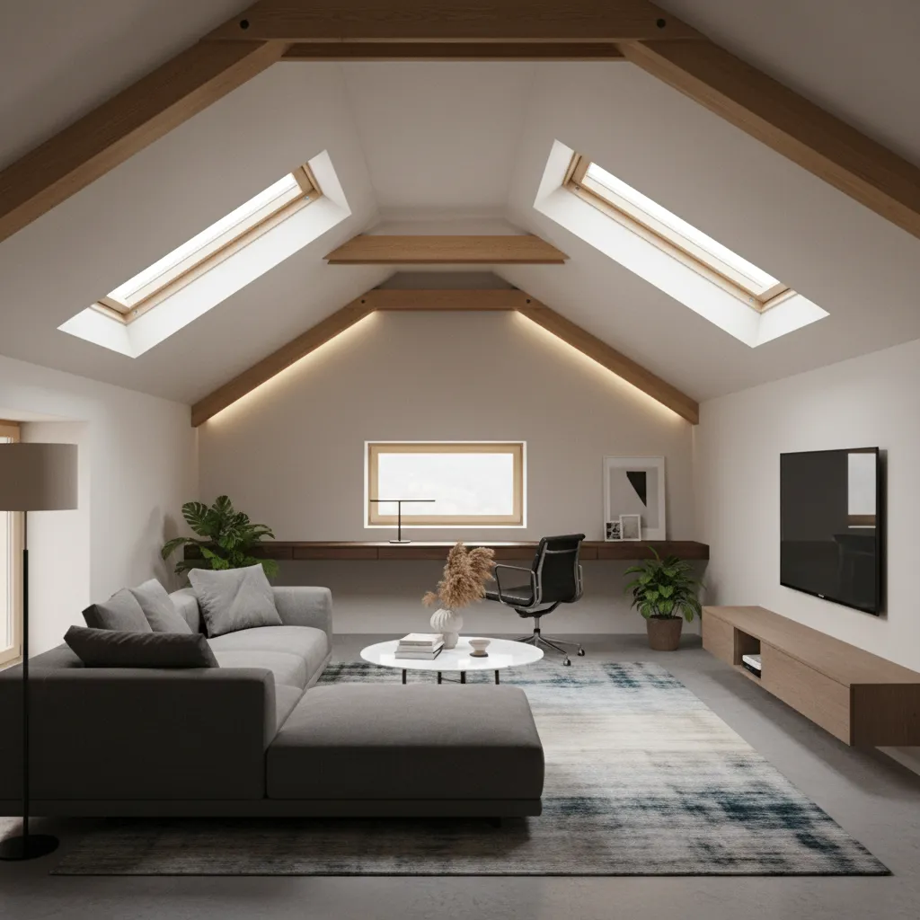 Visualización 3D de diseño interior con techo inclinado