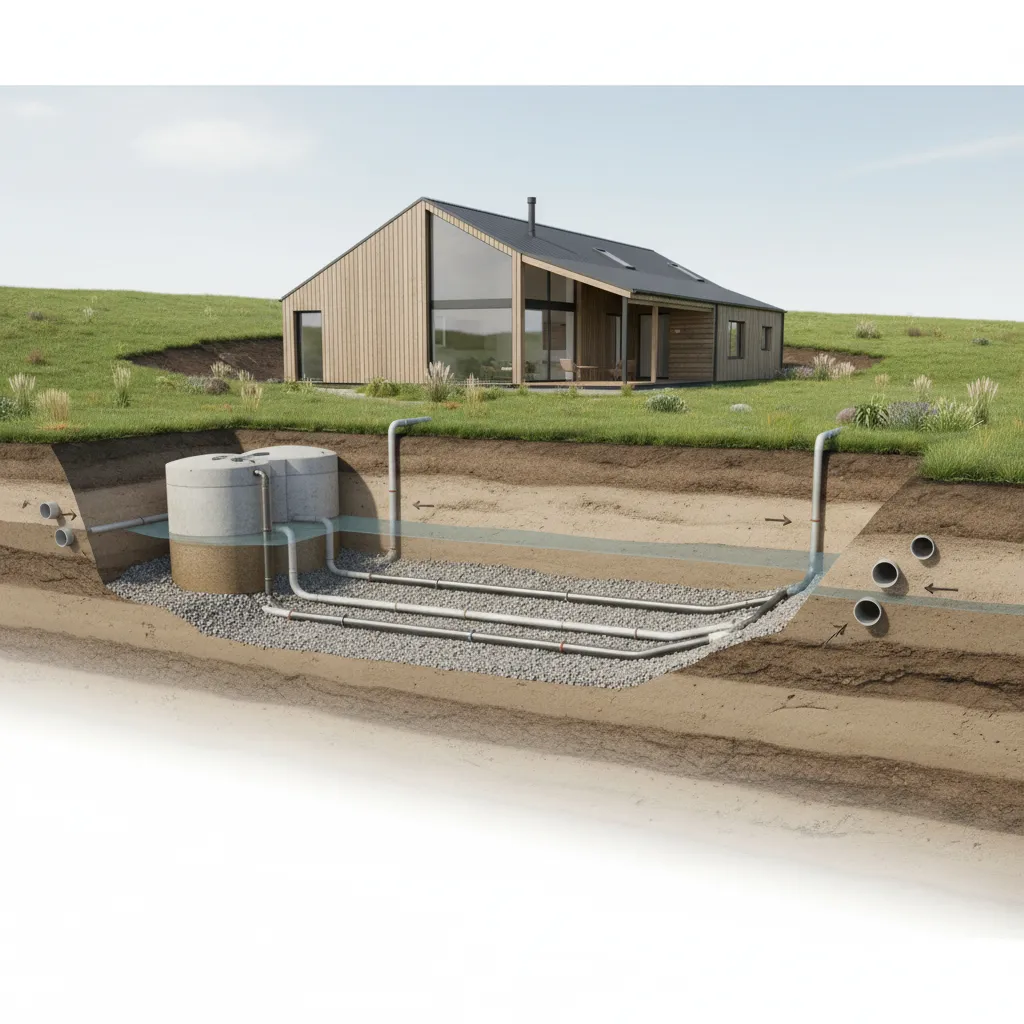 Underground waste water system showing pipes and septic tanks below a modern house on grass