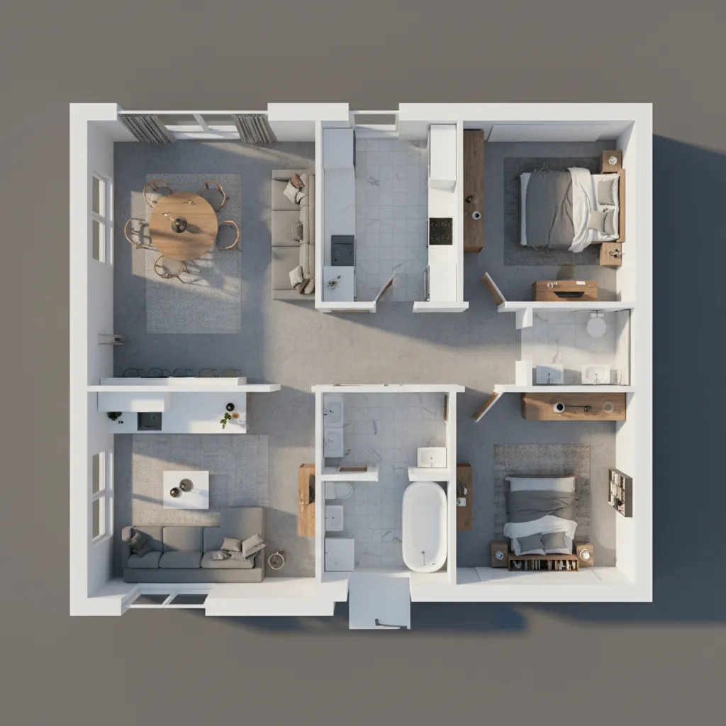 Plano completo de apartamento diseñado con software de interiores