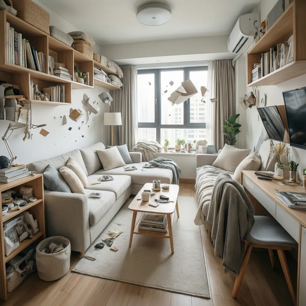 Small living room with grey sofa wooden wall shelves desk and floating paper pieces effect