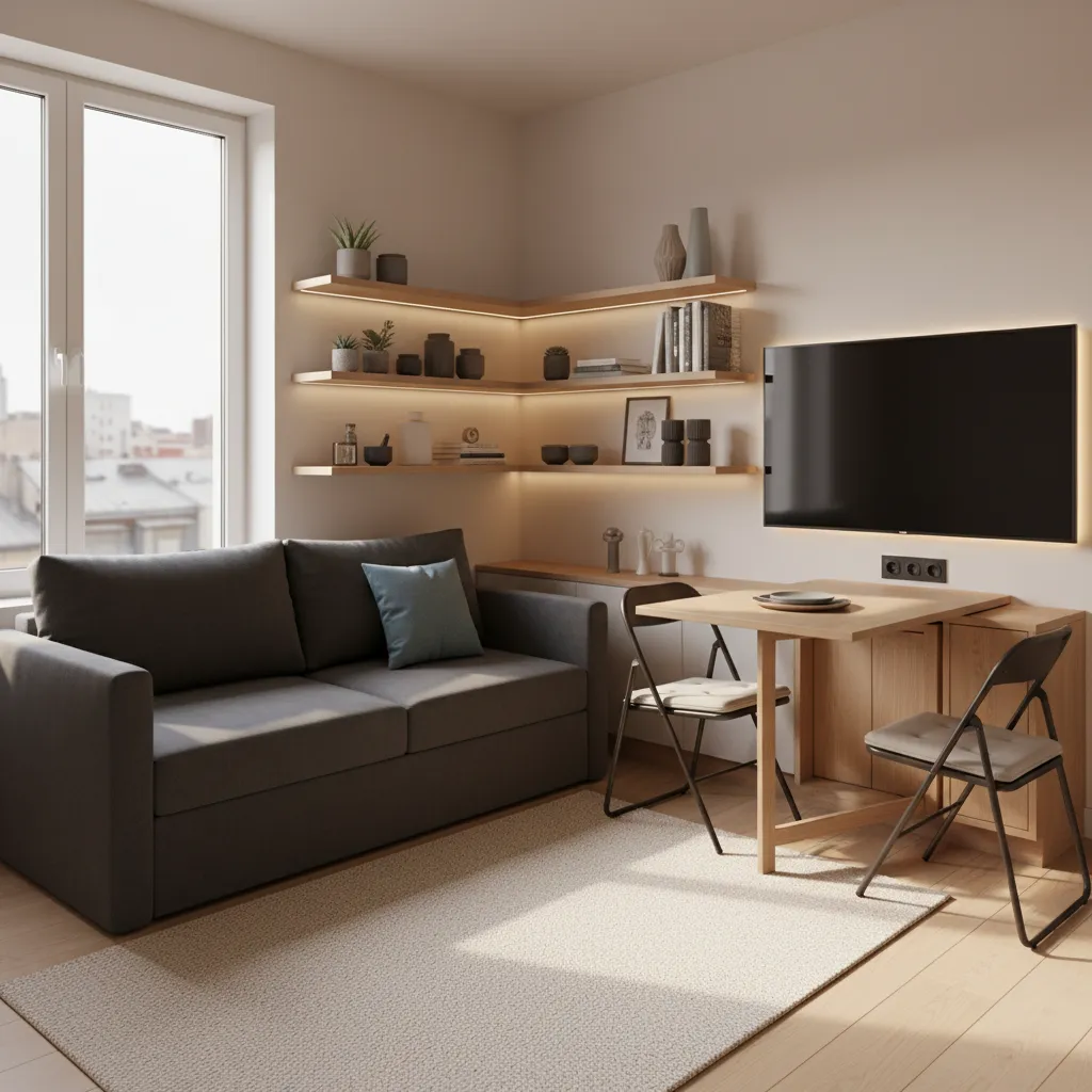 Apartamento pequeño con muebles funcionales y distribución eficiente