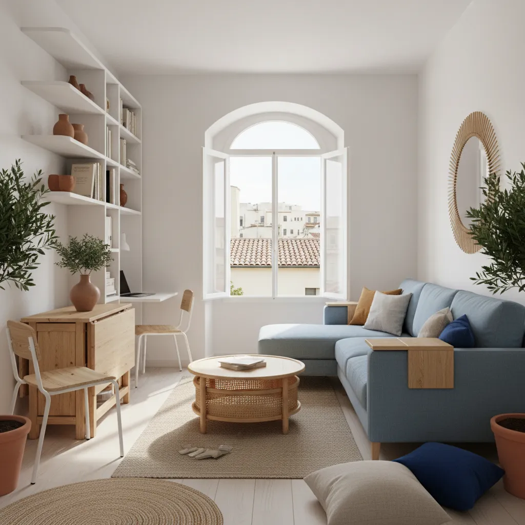 Small apartment living room with blue sofa wooden coffee table white shelves and round mirror
