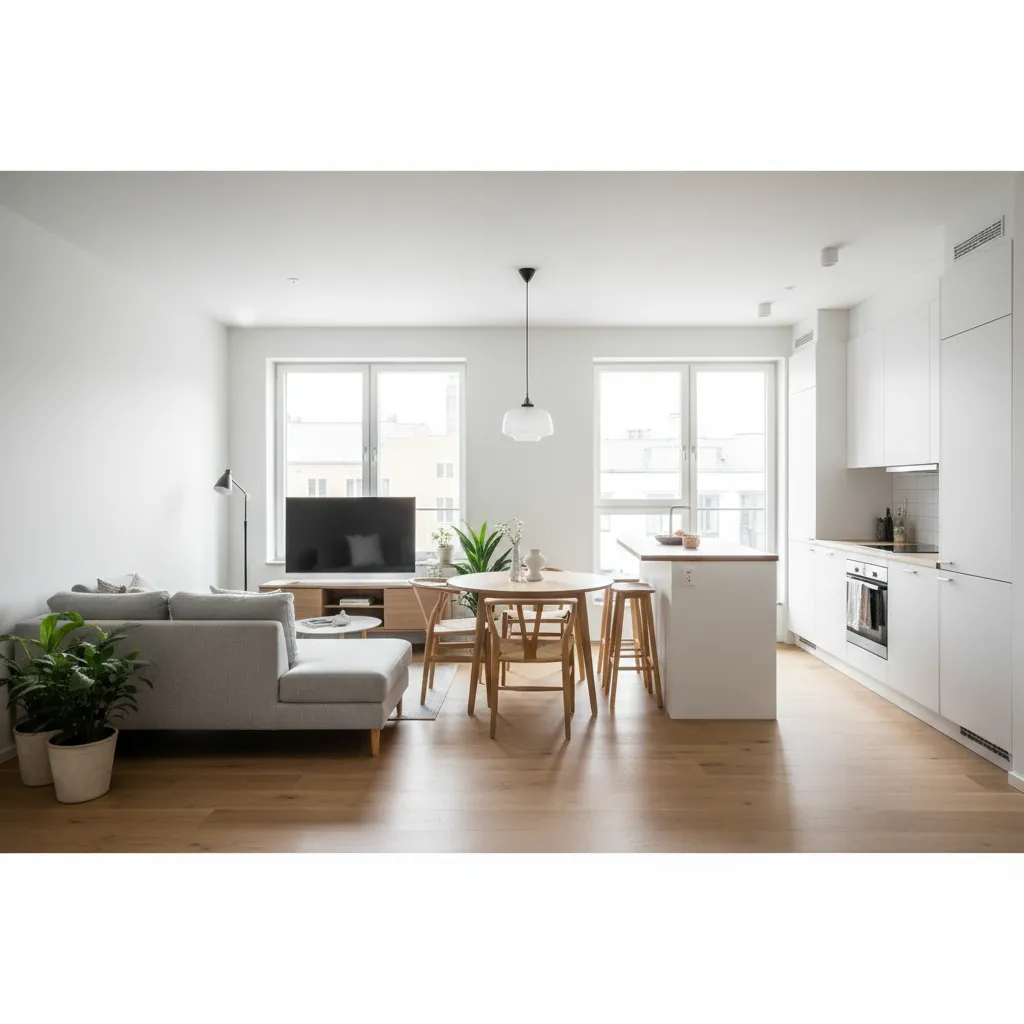 Small modern apartment featuring white kitchen cabinets grey sofa wooden floor and round dining table