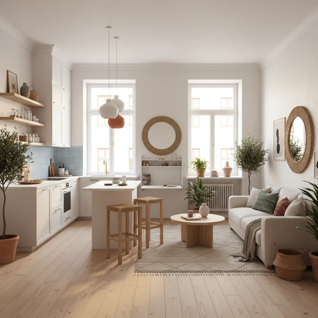 Diseño optimizado de un apartamento pequeño con salón y cocina integrados