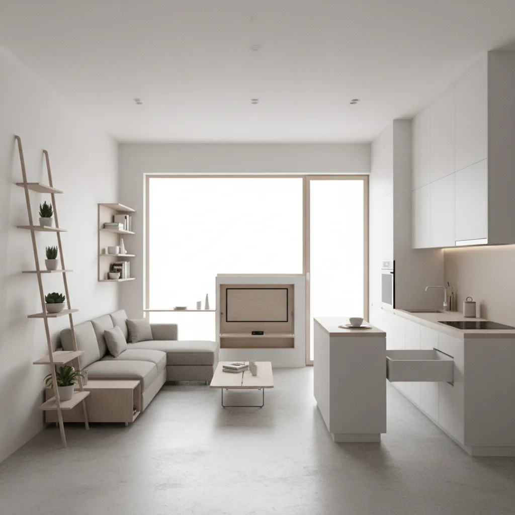 modelo 3D de apartamento pequeño optimizado con muebles multifunción