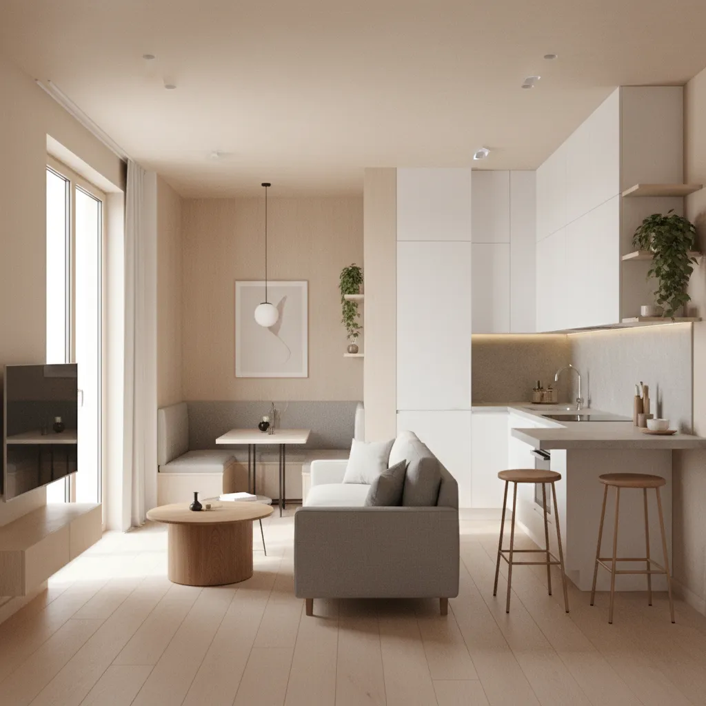 Simulación digital de apartamento pequeño optimizado con muebles