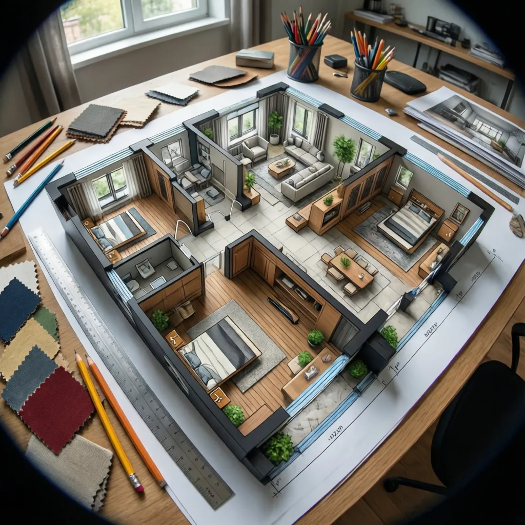 Plano de apartamento con herramientas de diseño y muestras de materiales