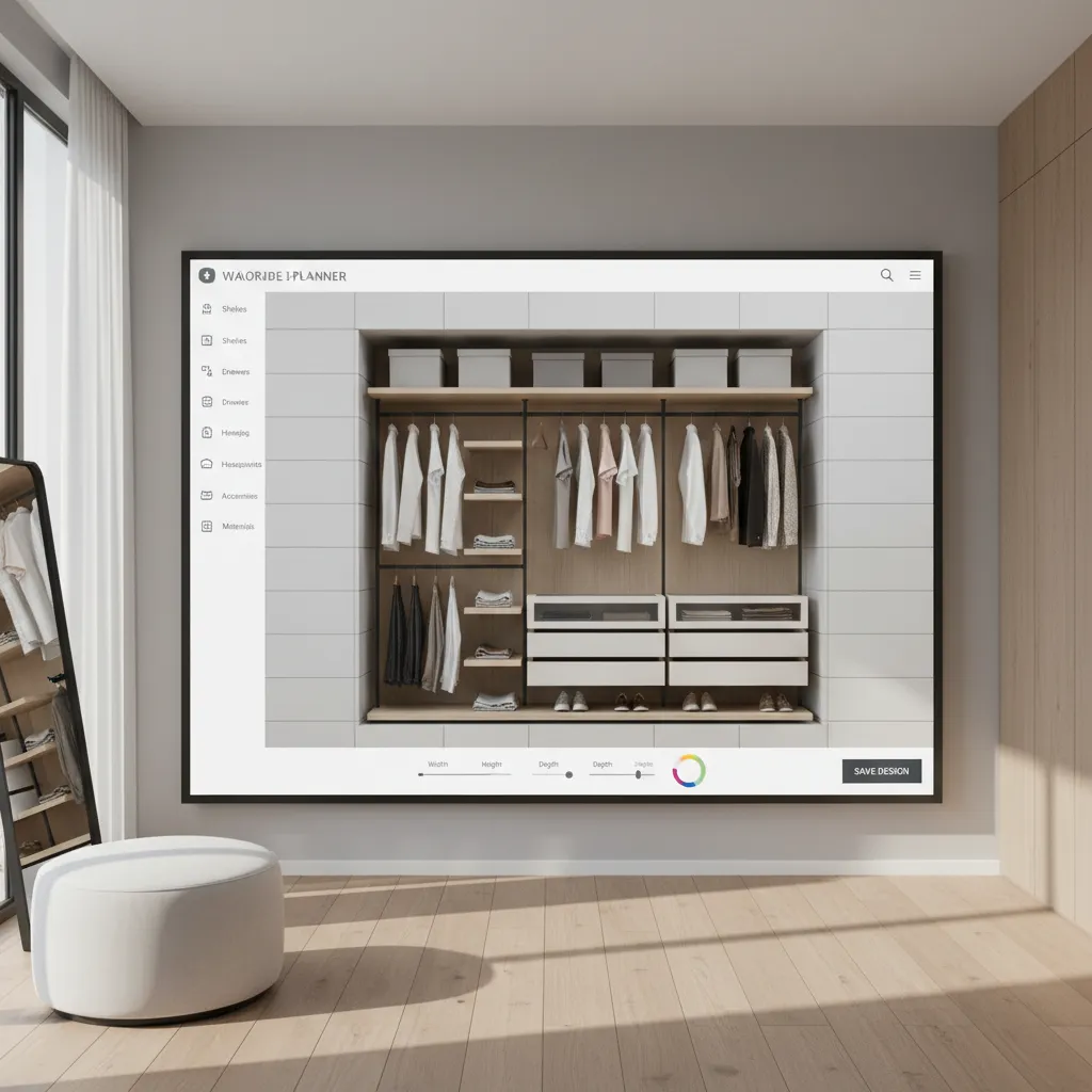 Digital closet design tool showing organized clothes drawers and shelves on a large wall screen