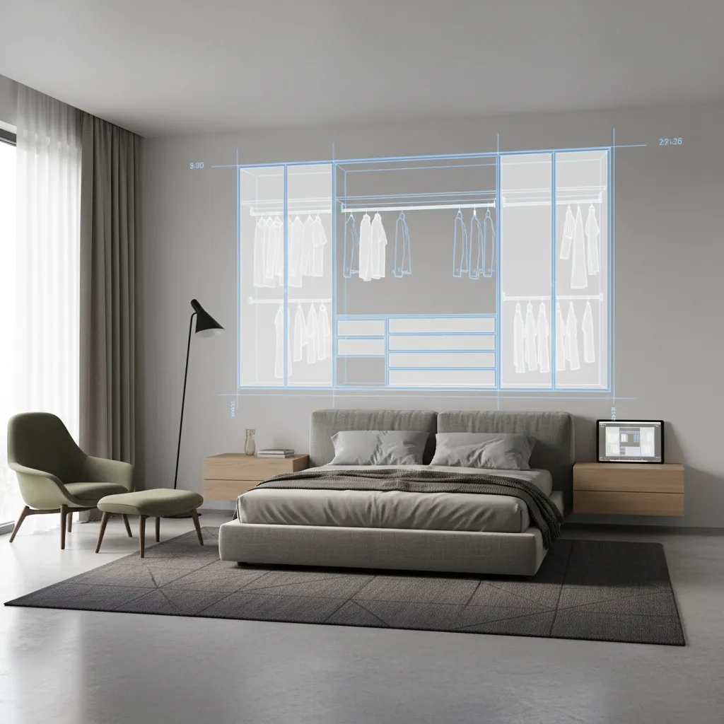Bedroom with grey bed green chair and footrest showing blue closet interior design drawing overlay