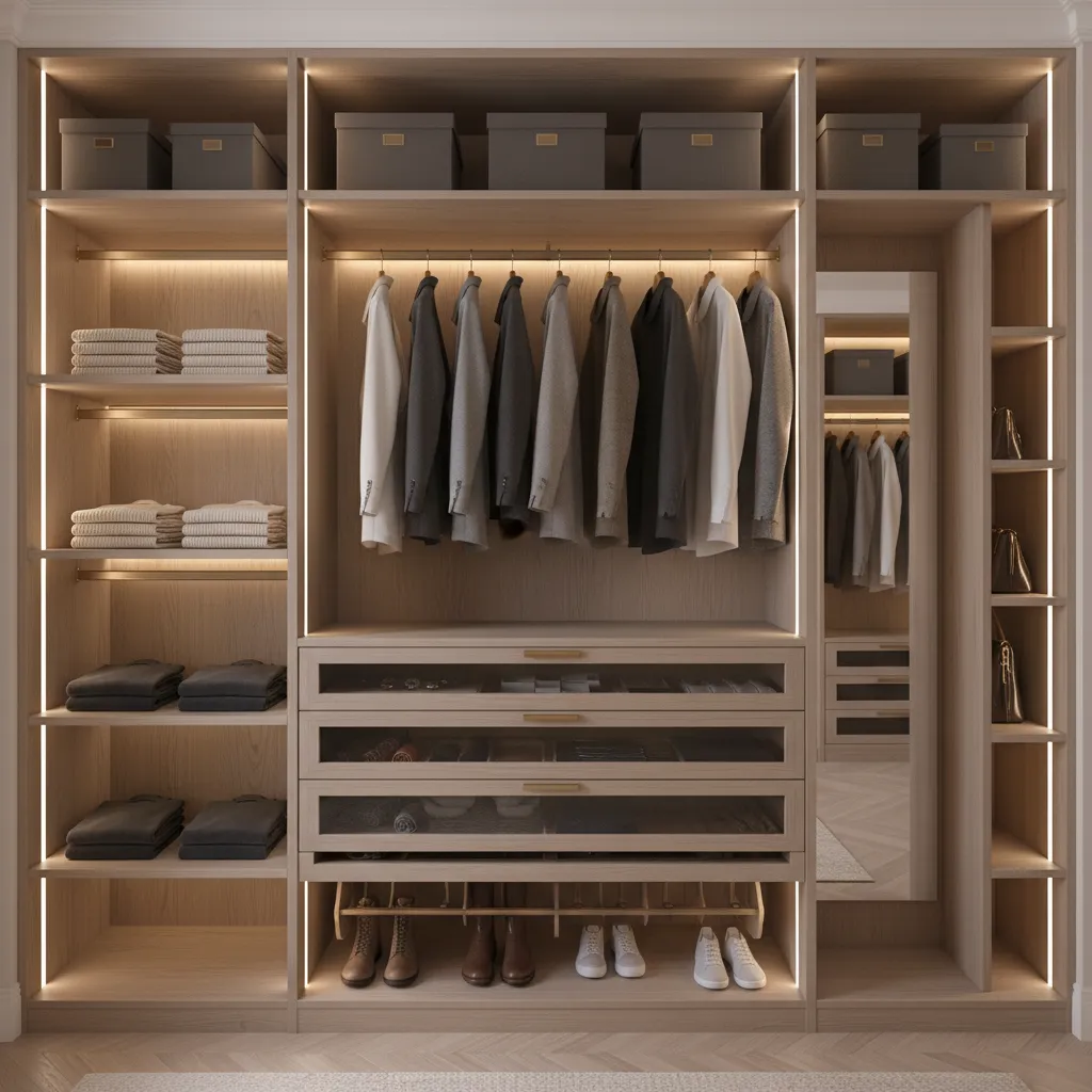 Modern wooden walk-in closet with LED light strips showing organized clothes shoes and storage boxes