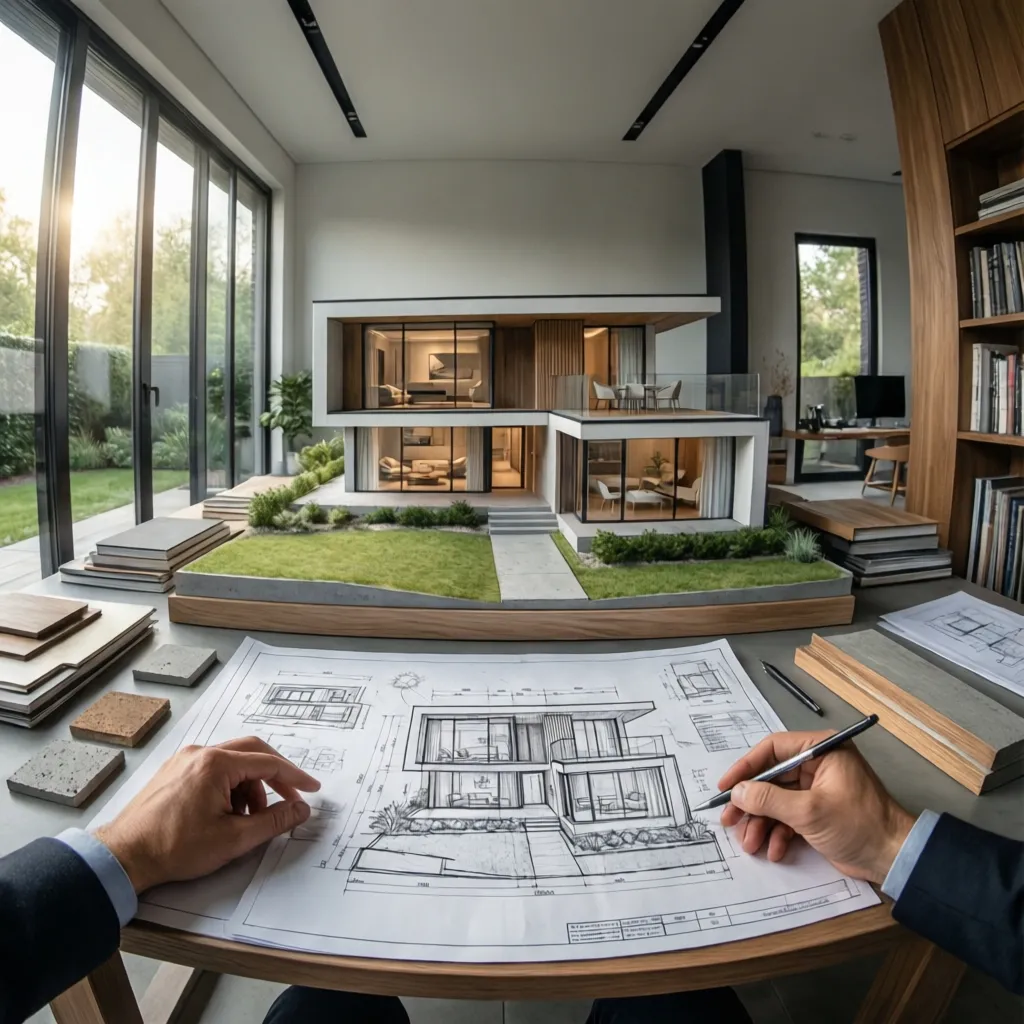 Architect sketching a house interior design drawing next to a miniature home model and samples