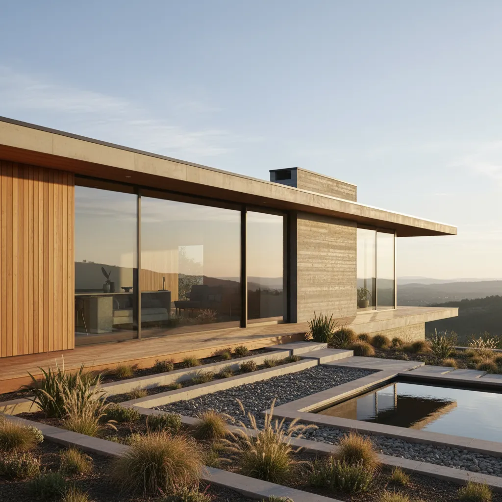Modern house exterior with wooden walls glass windows small pool garden path and hilly landscape