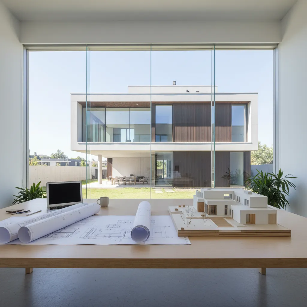 Interior design drawing and house model on desk with laptop facing a modern luxury home