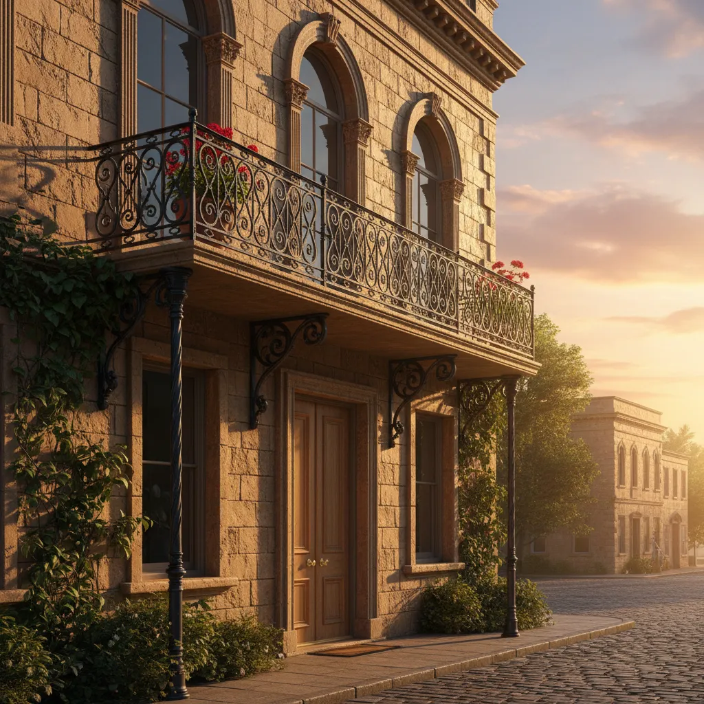 Classic stone house facade featuring a balcony with black metal railing and wooden entrance doors