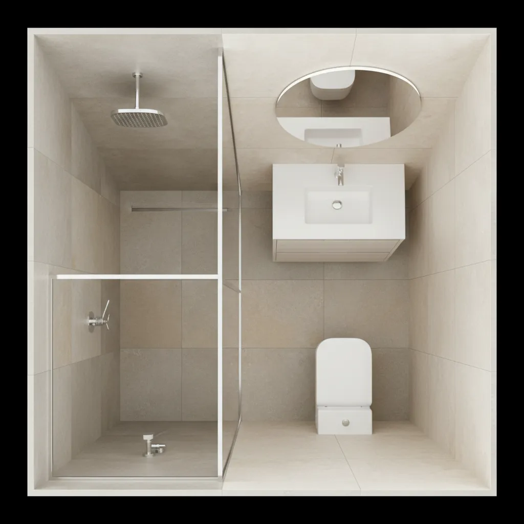 Modelo 3D de distribución de baño con ducha, lavabo e inodoro