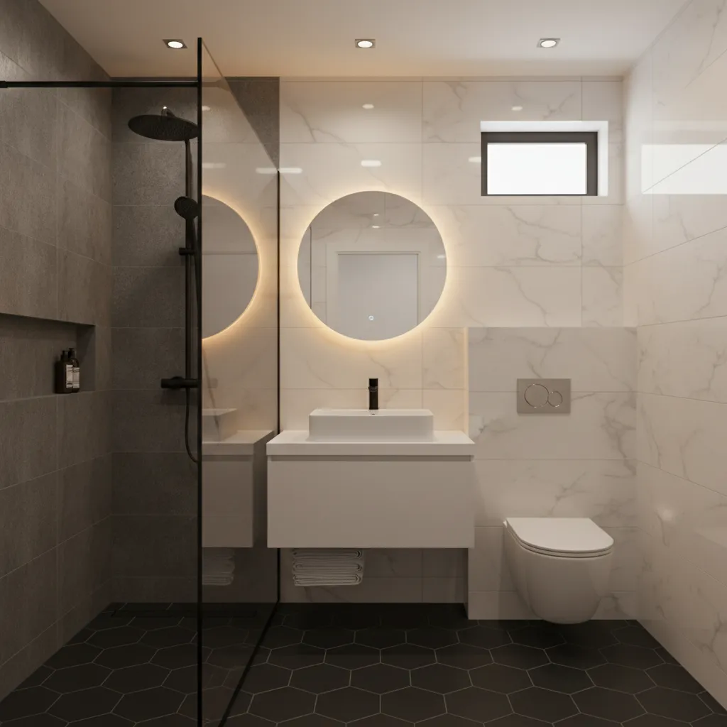 Diseño digital de baño pequeño en visualización 3D