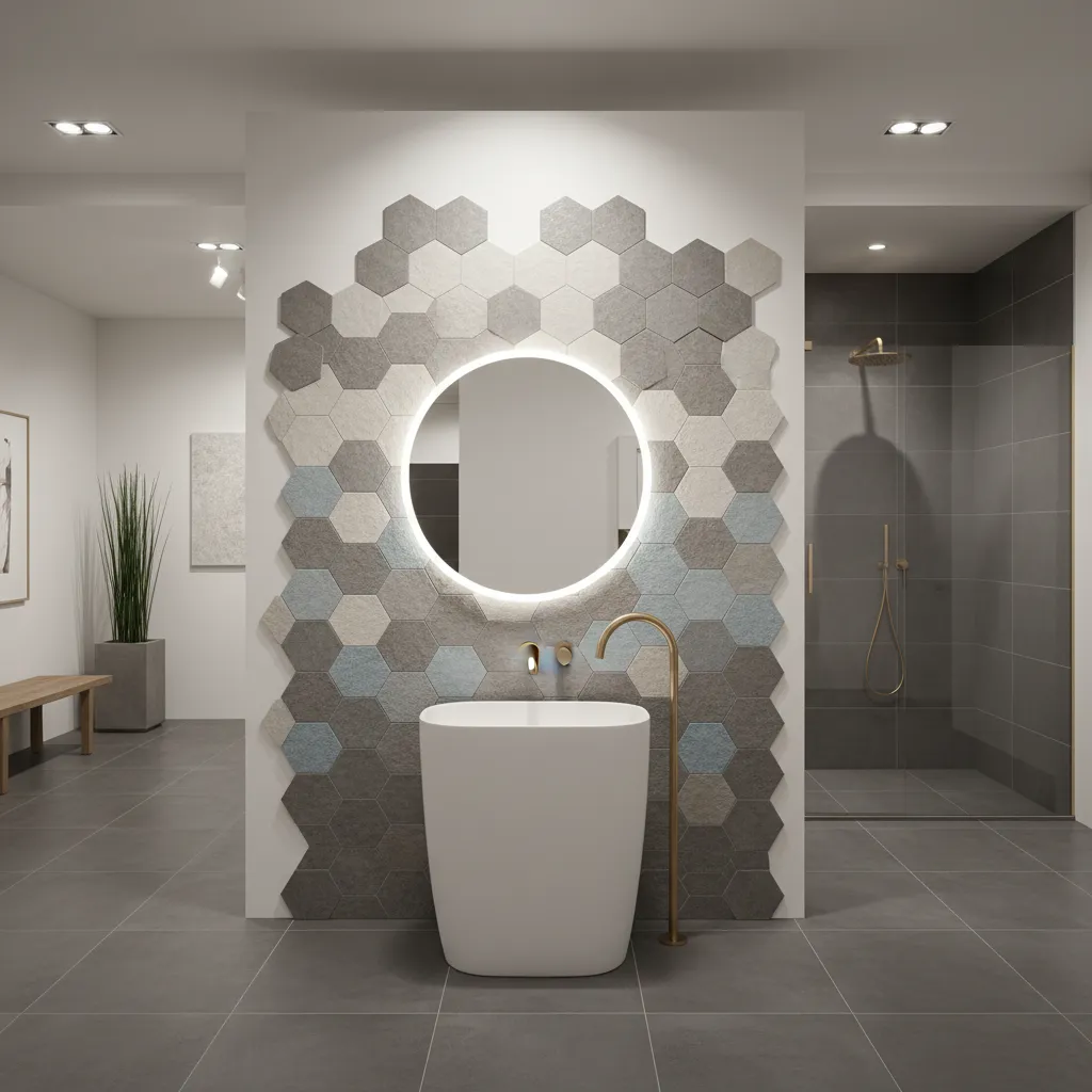 Exposición de baño moderno con cerámica y grifería contemporánea