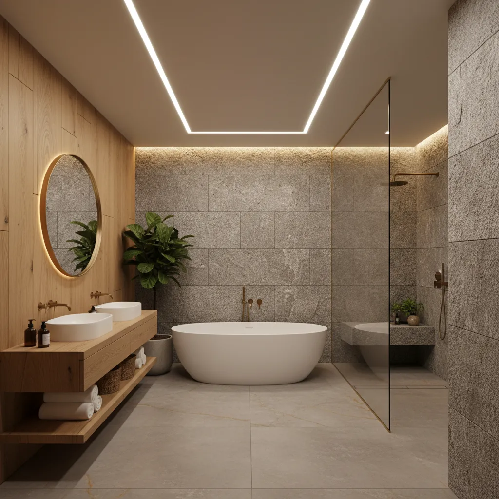 Baño con combinación de madera y piedra natural