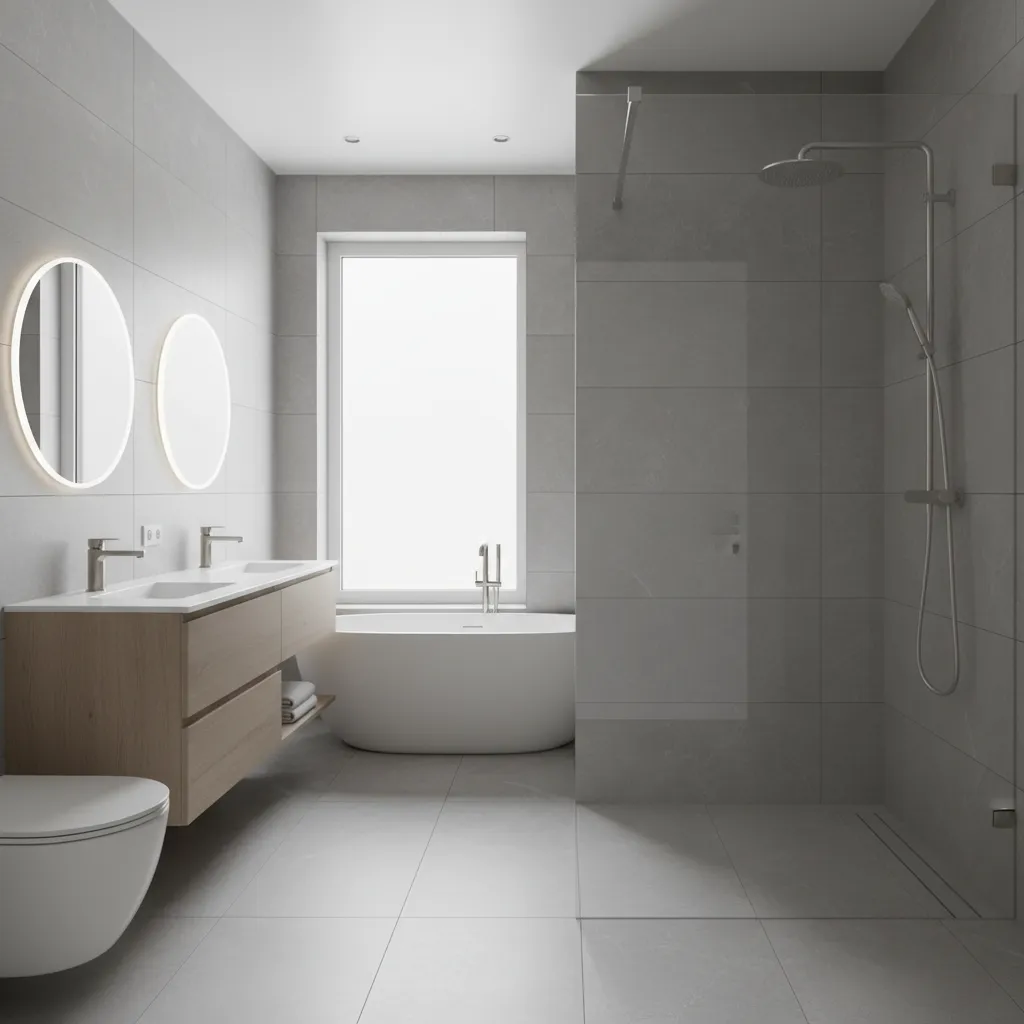 Large modern bathroom with double sink cabinet, two round mirrors, white bathtub, and glass shower