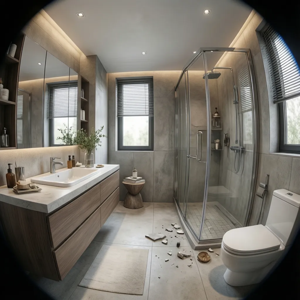 Diseño de baño moderno con distribución clara de lavabo, ducha y almacenamiento