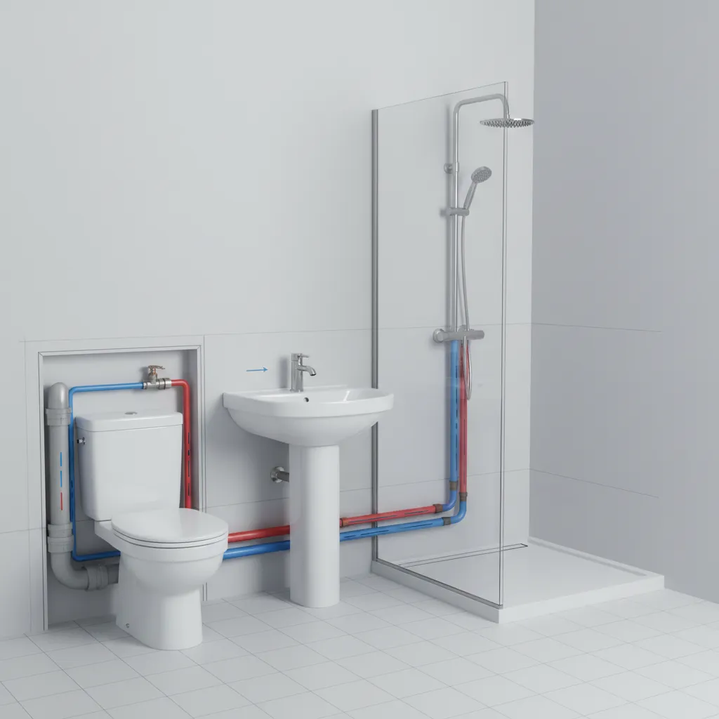 Interior design drawing of bathroom with toilet sink shower and visible red blue water pipes