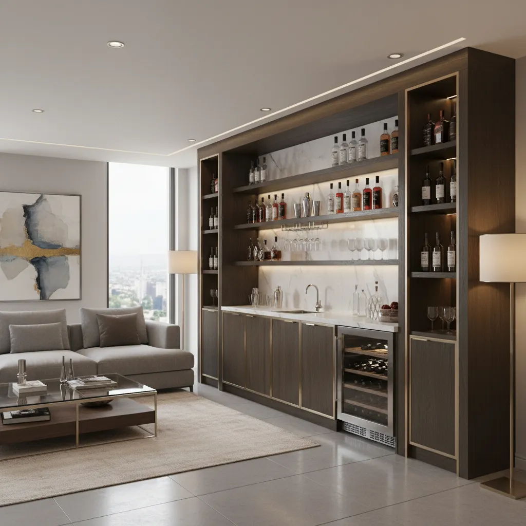 Visualización de diseño interior mostrando una licorera en una sala moderna