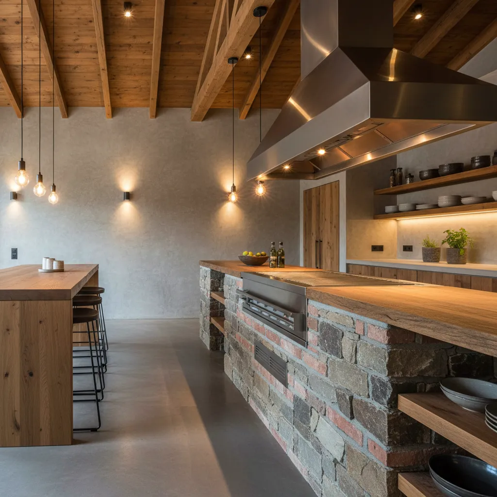 Rustic kitchen featuring stone island with wooden top metal vent hood and warm light fixtures