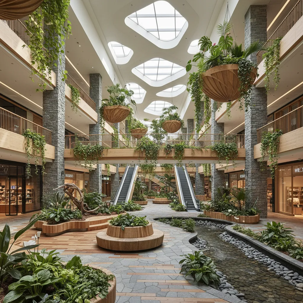 Centro comercial con diseño biofílico y abundante vegetación