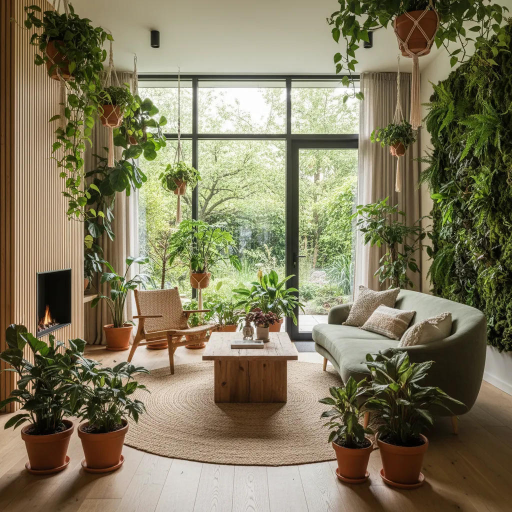Sala moderna con muchas plantas y elementos naturales estilo diseño biofílico