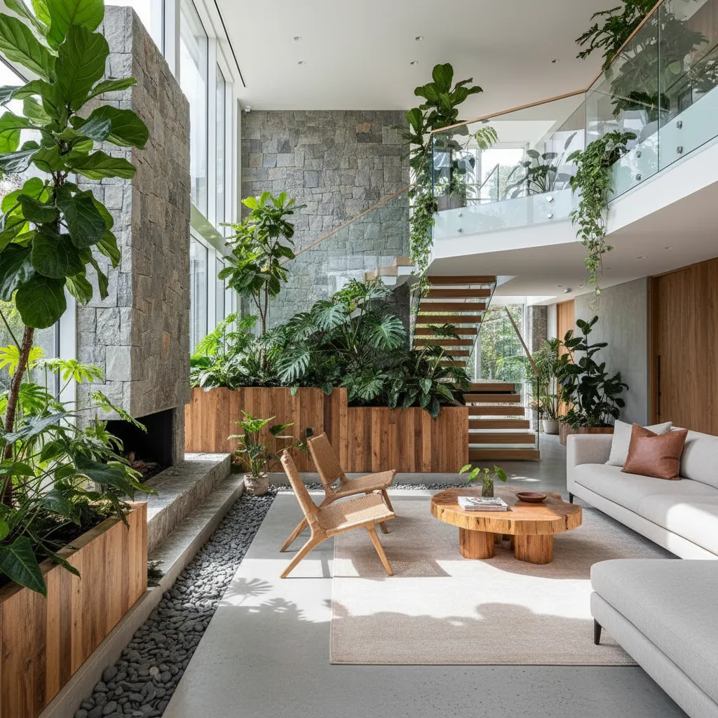 Interior moderno con vegetación integrada y materiales naturales