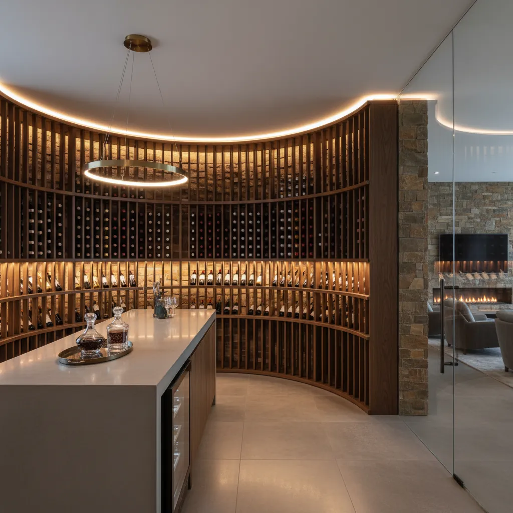 Curved wooden wine rack wall with white island counter and a round gold ceiling light