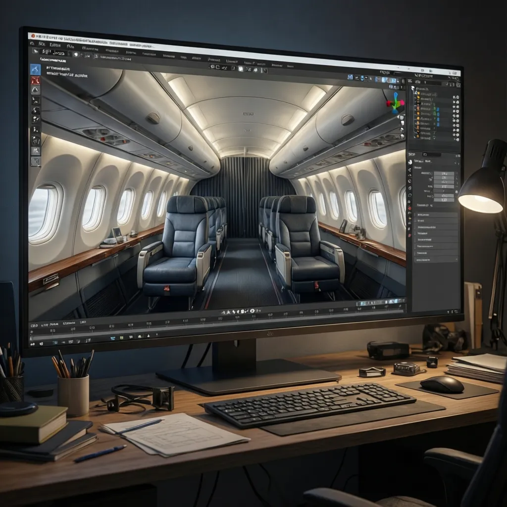 Coohom software showing 3D interior design of airplane cabin with blue seats and side tables