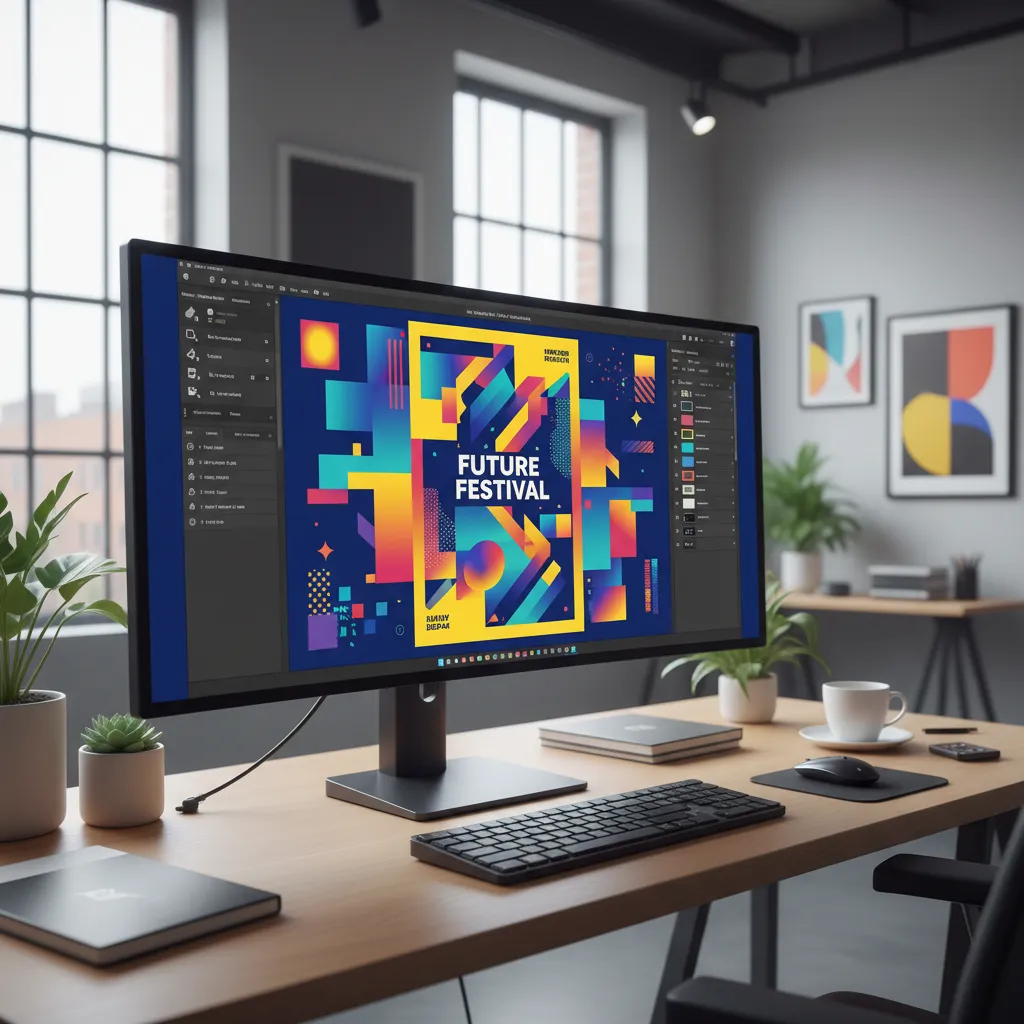 Pantalla de ordenador mostrando software de diseño con un cartel en proceso