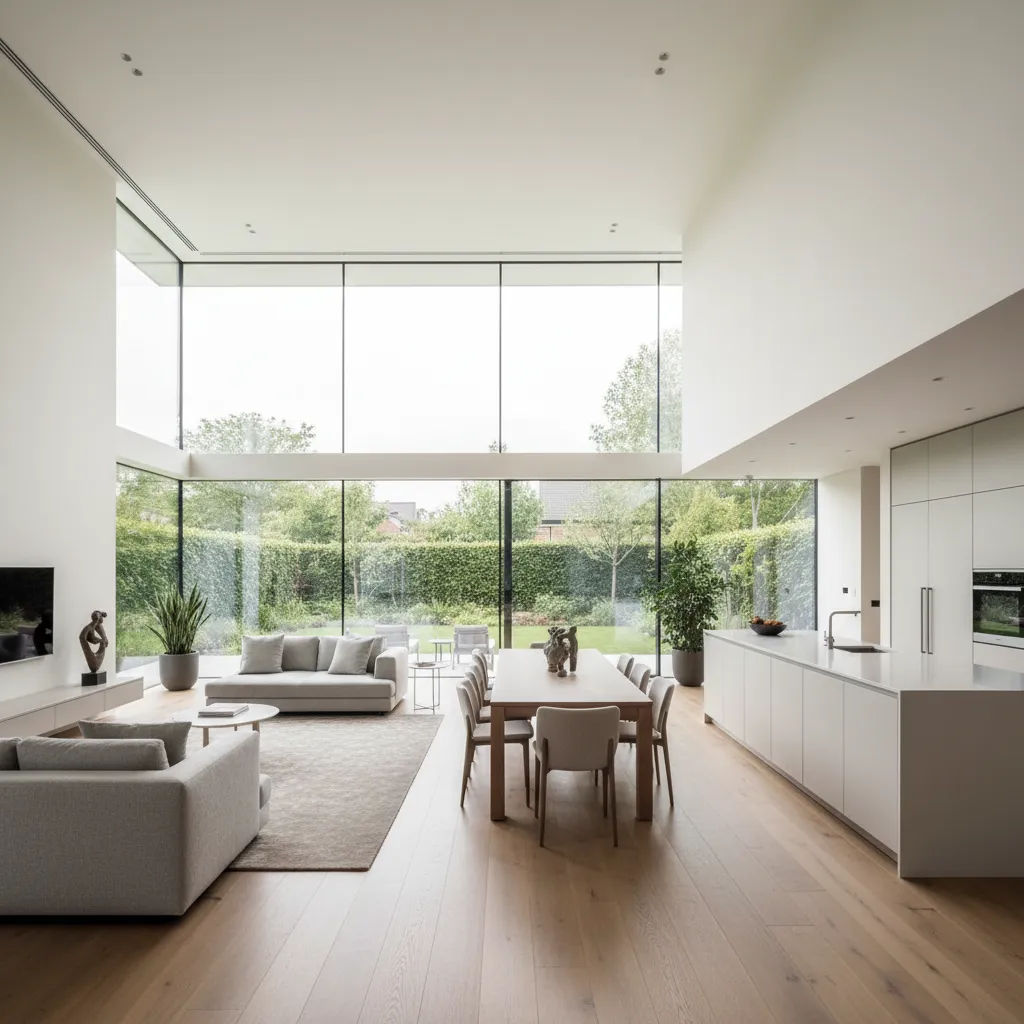 Bright open plan interior with white kitchen wooden dining table grey sofas and large windows