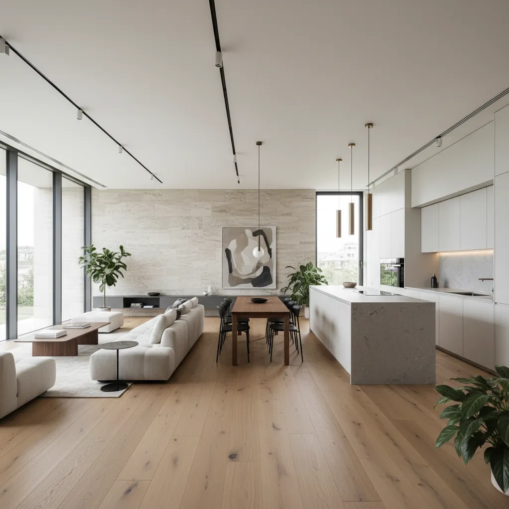 Modern open-plan home interior with white sofa wooden dining table kitchen island and ceiling lights
