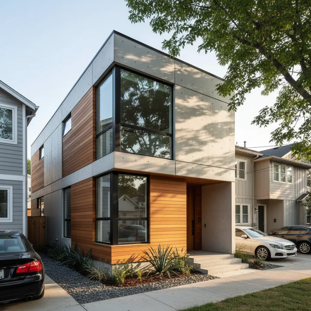 Modern two story house exterior with gray concrete panels wood siding large windows and parked cars