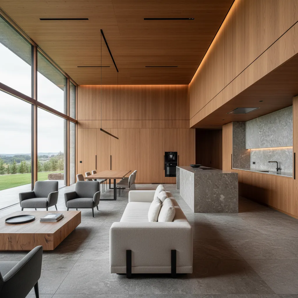 Modern open plan home with wood wall panels white sofa grey chairs and stone island