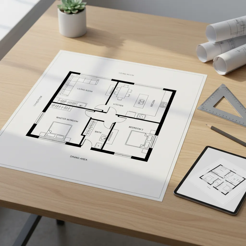Printed floor plan on desk with tablet showing design ruler pencil and interior design drawings