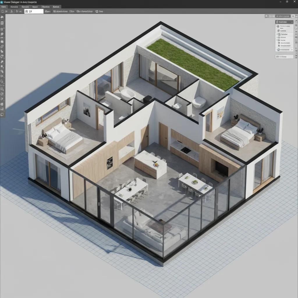 Modelo 3D completo de una casa visualizado en software de diseño